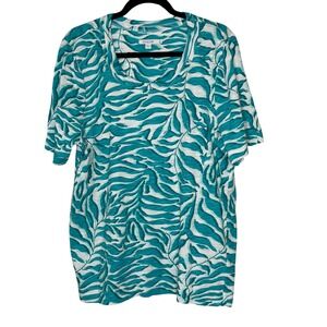 Chicos Teal White Tropical Leaf Scoop Neck T-Shirt Size 4 XXL Cotton Modal Beach